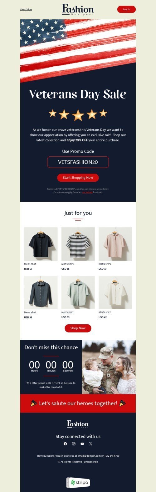Veterans Day email template "Veterans Day sale" for fashion industrydesktop view