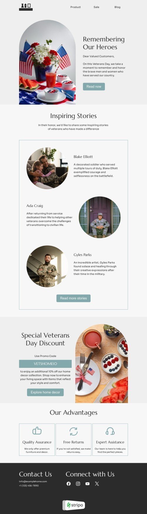 Veterans Day email template "Remembering our heroes" for furniture, interior & DIY industrydesktop view