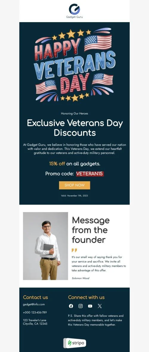 Veterans Day email template "Honoring our heroes" for gadgets industry