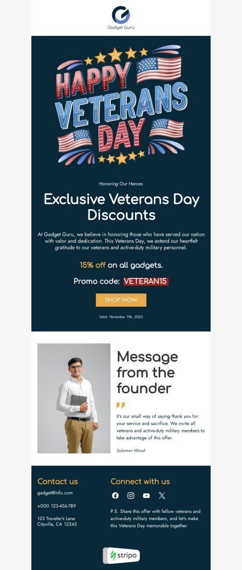 Veterans Day email template "Honoring our heroes" for gadgets industrydesktop view