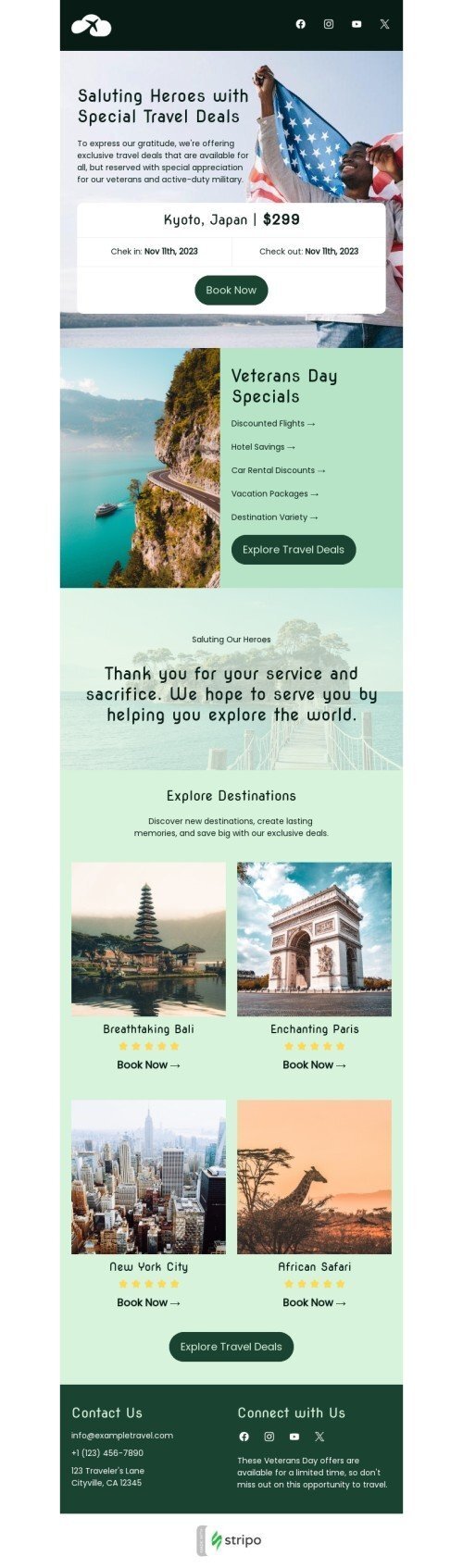 Veterans Day email template "Saluting heroes" for travel industrydesktop view