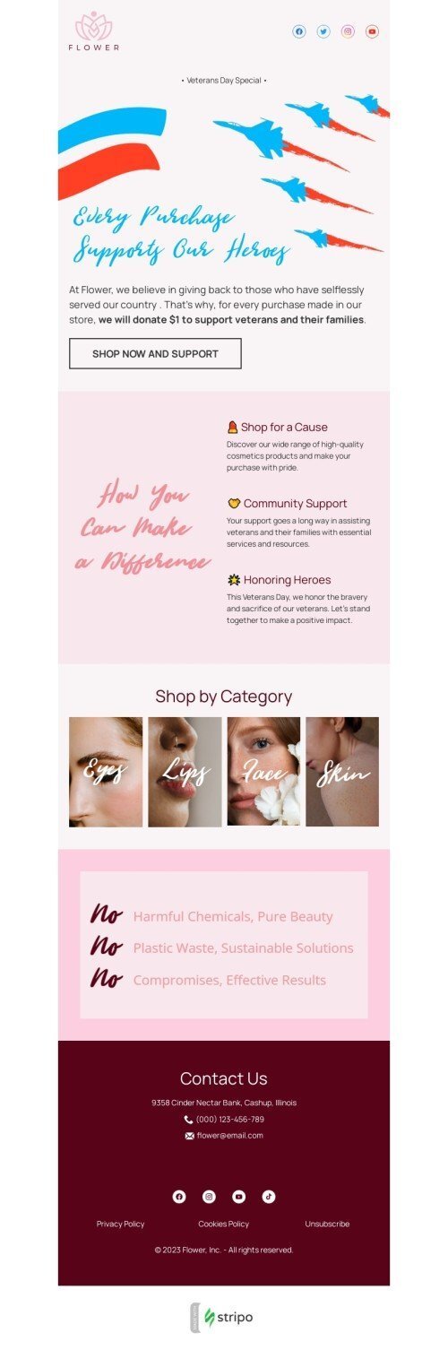 Veterans Day email template "Supports our heroes" for beauty & personal care industrydesktop view