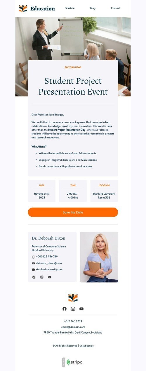 Plantilla de correo electrónico «Evento de presentación de proyectos estudiantiles» de eventos para la industria de académicoVista de escritorio