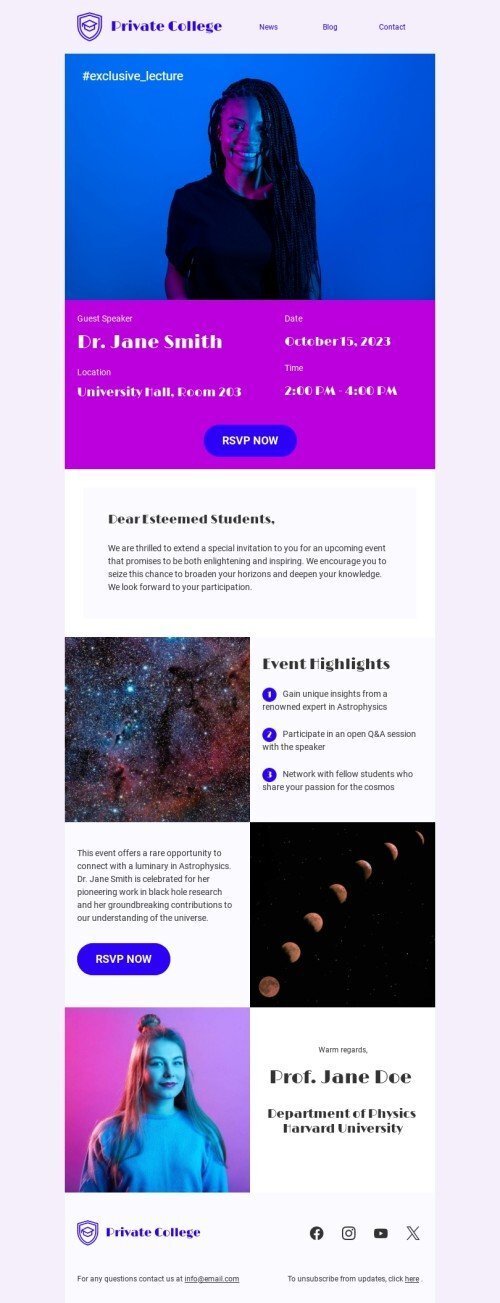 Events E-Mail-Vorlage «Exklusiver Vortrag» für Academia-Branche Desktop-Ansicht