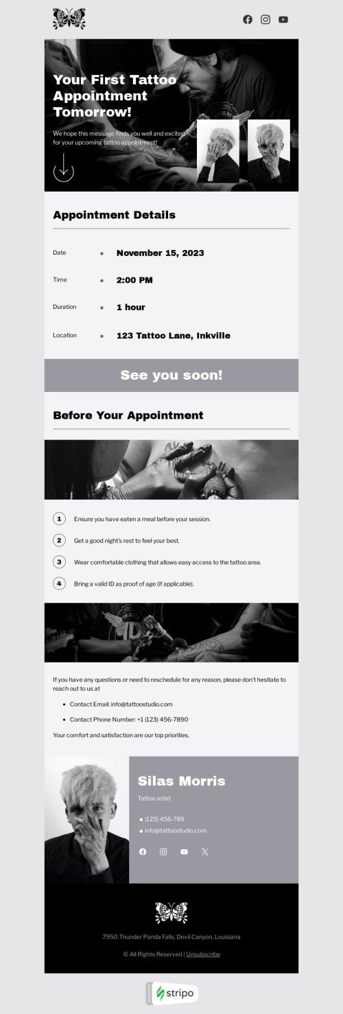 Modelo de e-mail de «Primeira consulta de tatuagem» de eventos para a indústria de tatuagem Visualização de desktop