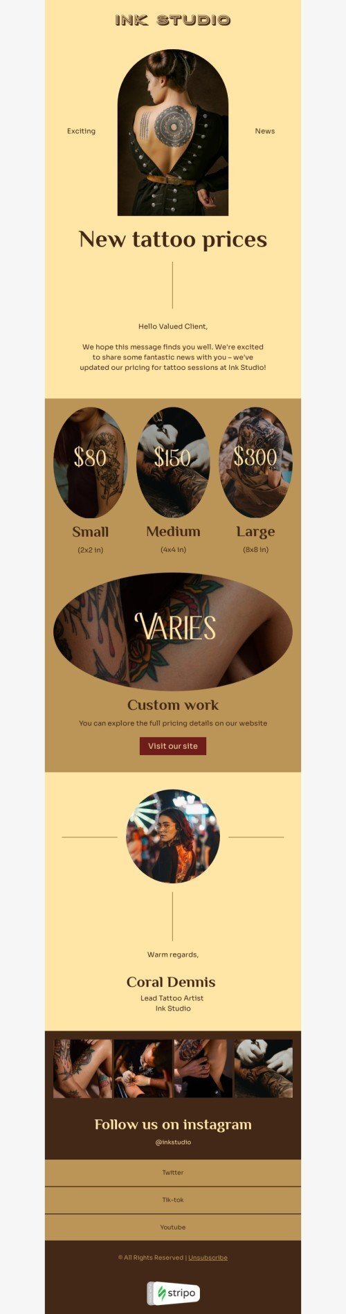 Plantilla de correo electrónico «Nuevos precios de tatuajes» de lista de precios para la industria de tatuajes Vista de escritorio