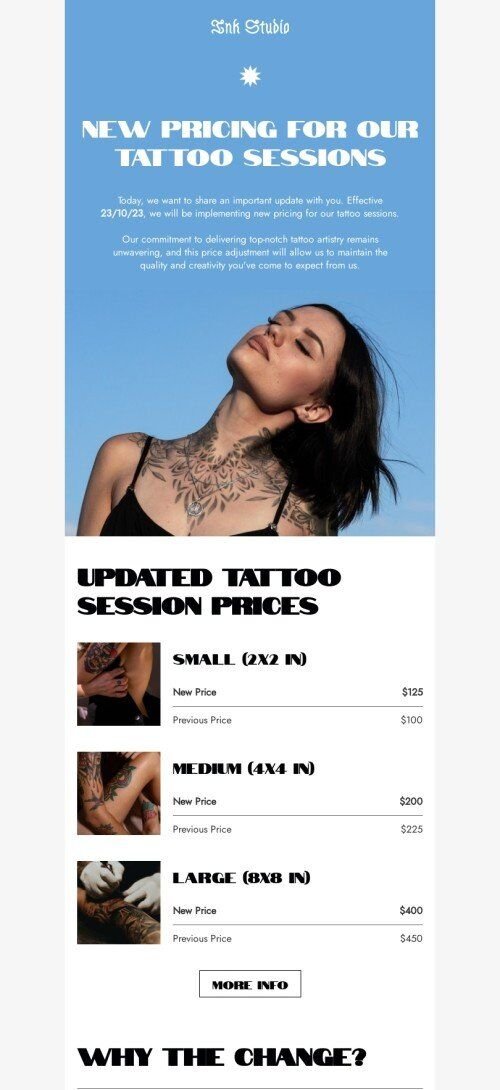 Price list email template "New pricing for our tattoo sessions" for tattoo industry mobile view
