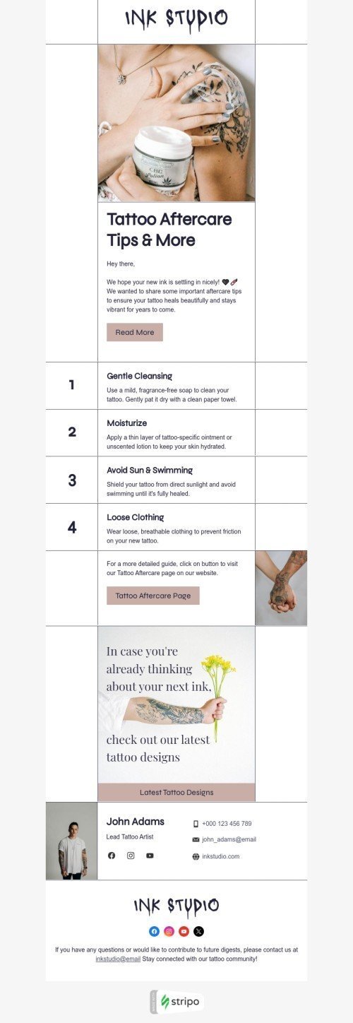 Newsletters email template "Tattoo aftercare tips & more" for tattoo industry desktop view