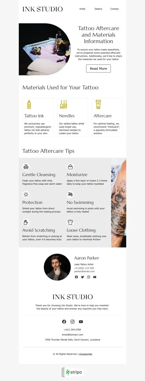 Newsletters email template "Tattoo aftercare and materials information" for tattoo industry
