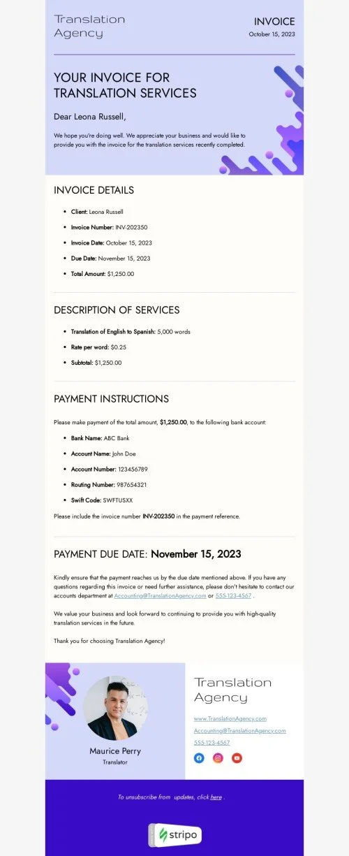 Confirmation email template "Invoice for translation services" for translation industry
