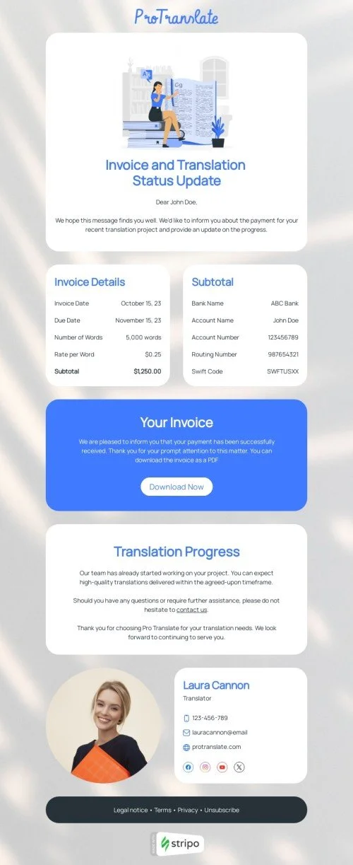 Order confirmation email template "Translation progress" for translation industry