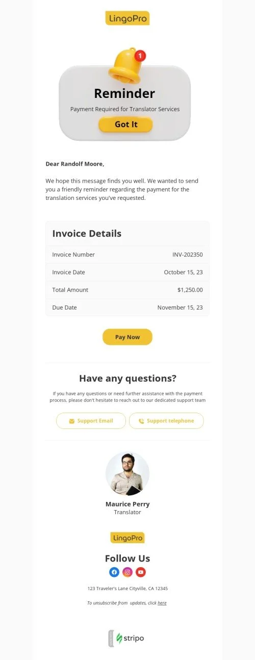 Order confirmation email template "Payment required for translator services" for translation industry