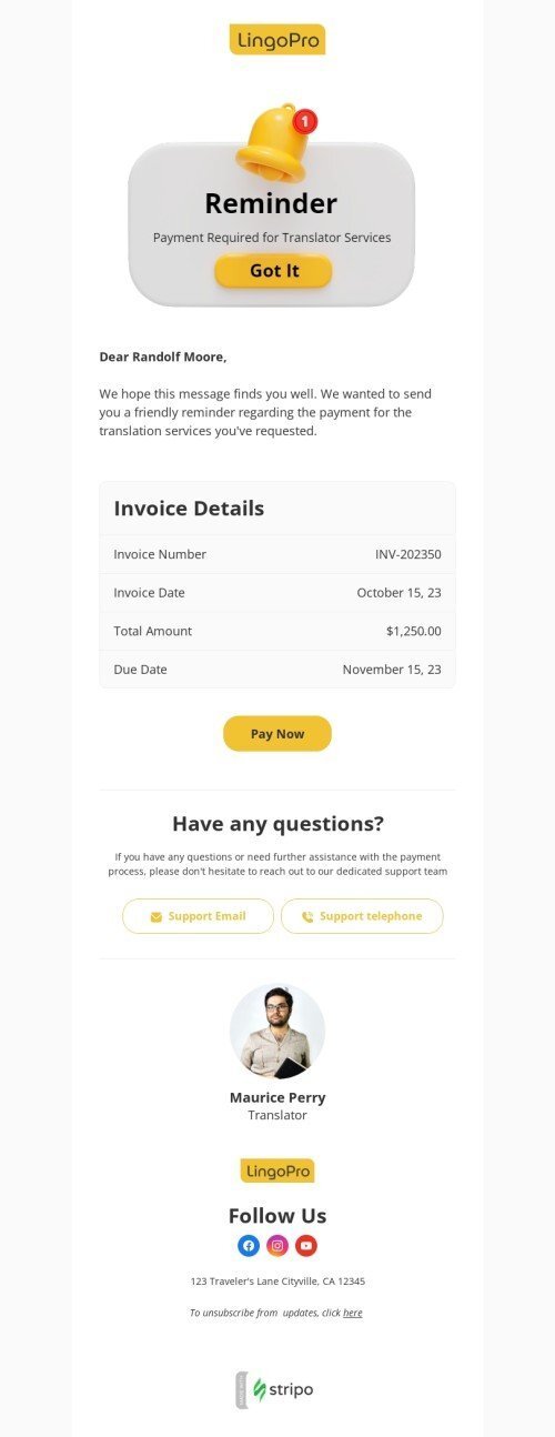 Auftragsbestätigung E-Mail-Vorlage «Für Übersetzerdienste ist eine Zahlung erforderlich» für Übersetzung-Branche Desktop-Ansicht