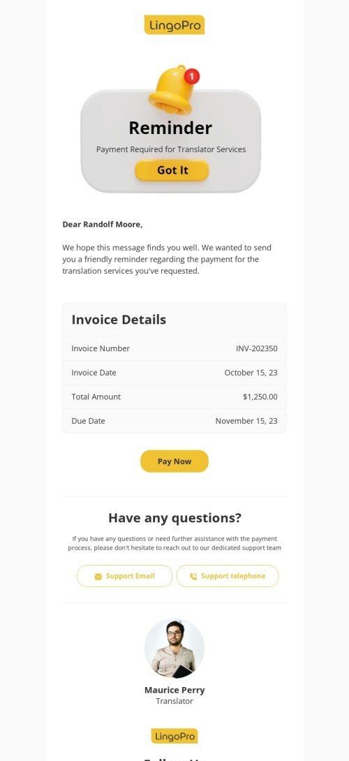 Order confirmation email template "Payment required for translator services" for translation industry mobile view