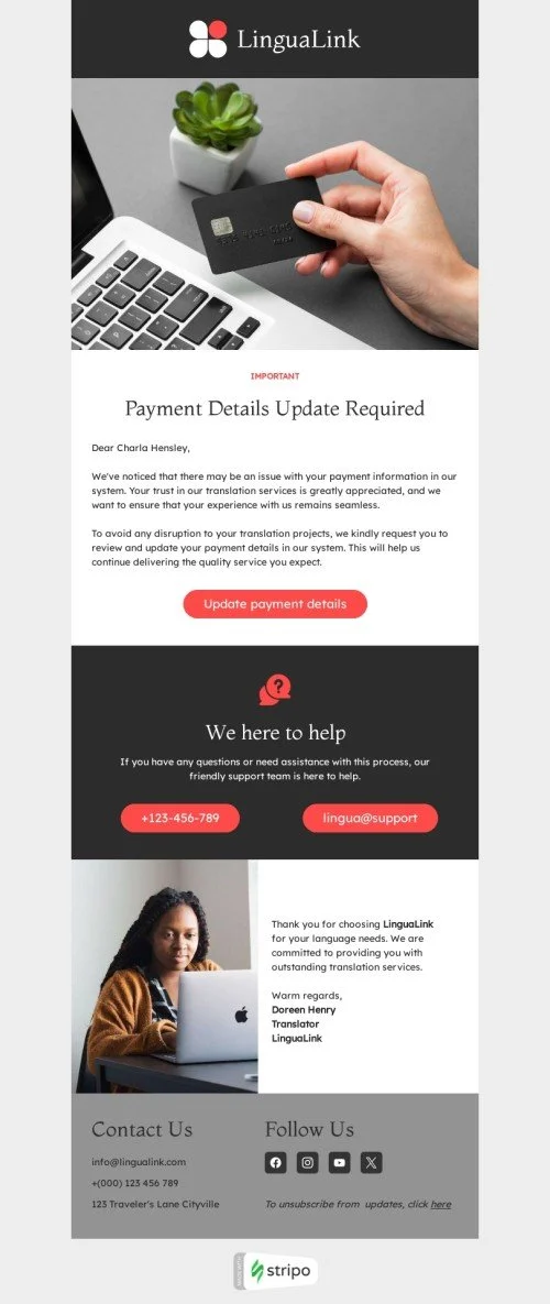 Order confirmation email template "Update payment details" for translation industry