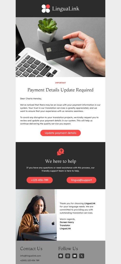 Order confirmation email template "Update payment details" for translation industry mobile view