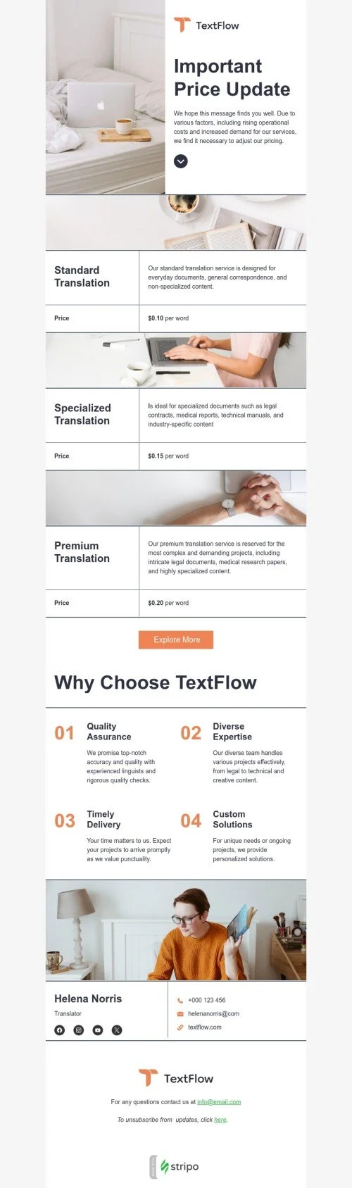 Price list email template "Important price update" for translation industry