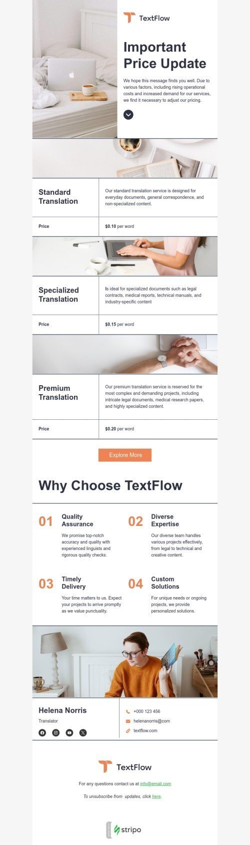 Modelo de e-mail de «Atualização importante de preços» de lista de preços para a indústria de tradução Visualização de desktop