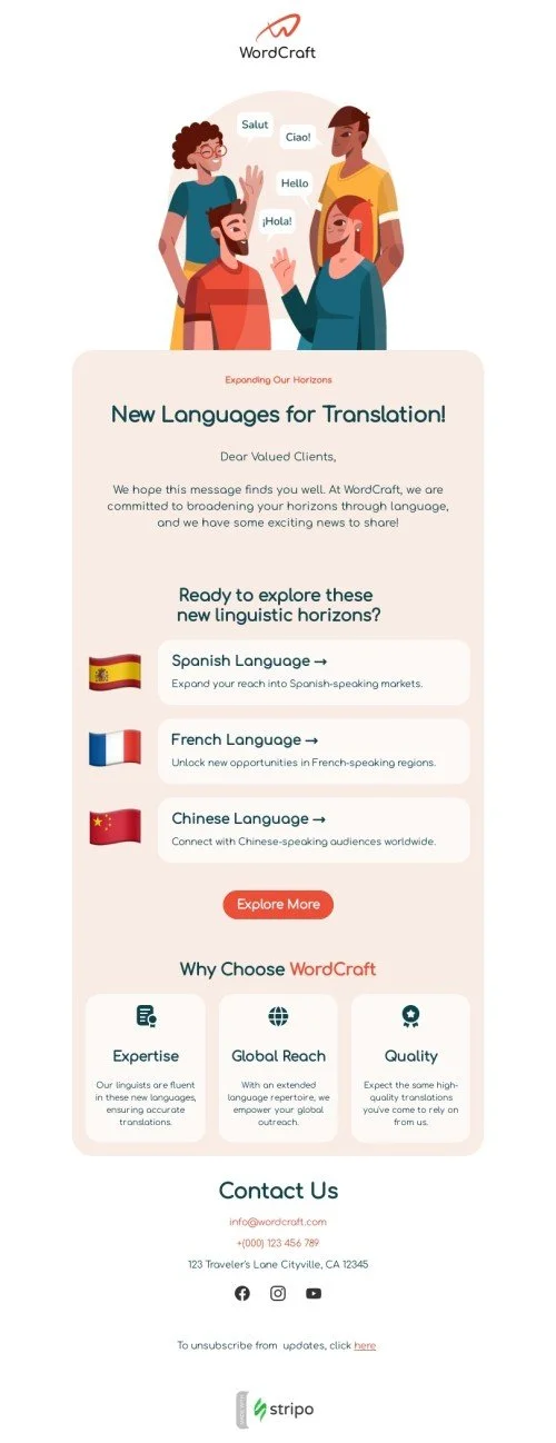 Promo email template "New languages" for translation industry