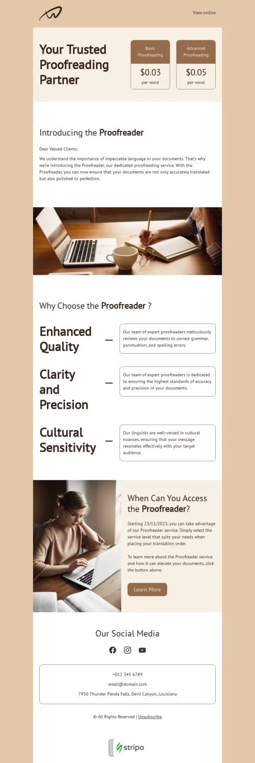Promo email template "Proofreading partner" for translation industry