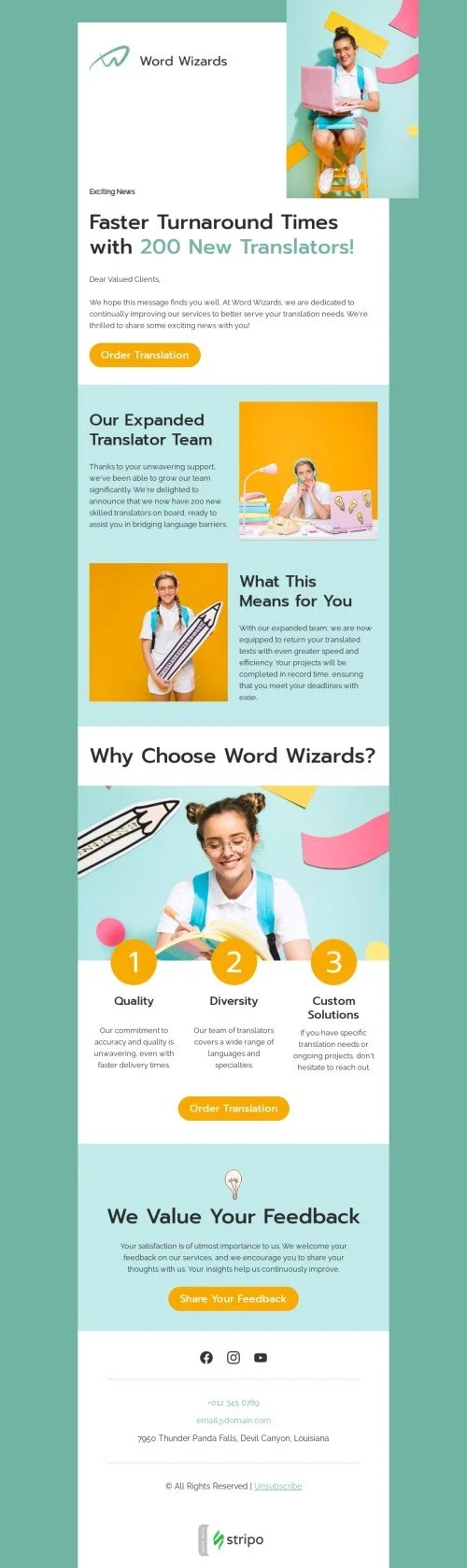 Promo email template "200 new translators" for translation industry