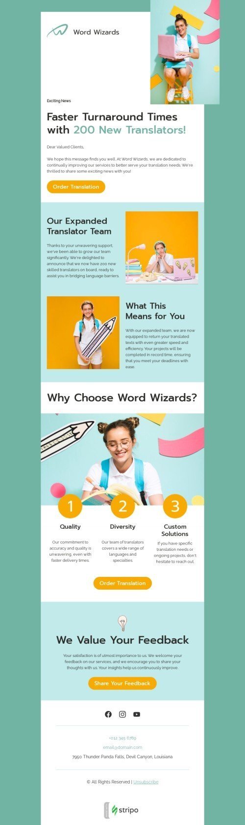 Promo email template "200 new translators" for translation industry mobile view