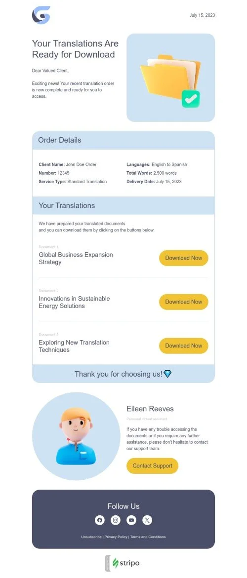 Order confirmation email template "Your translations are ready" for translation industry