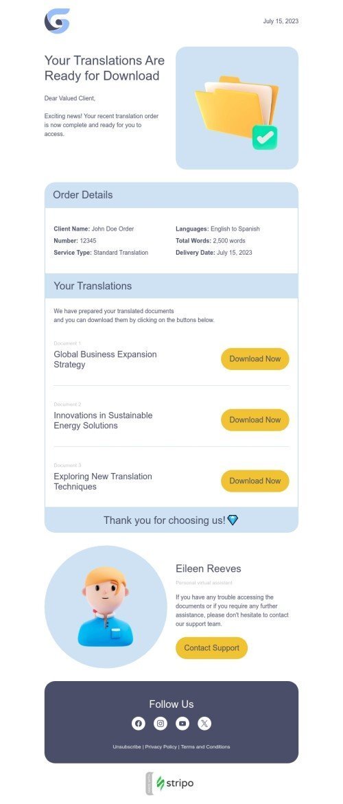 Order confirmation email template "Your translations are ready" for translation industrydesktop view