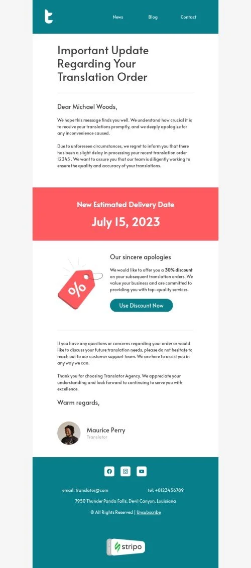 Order confirmation email template "Important update" for translation industry