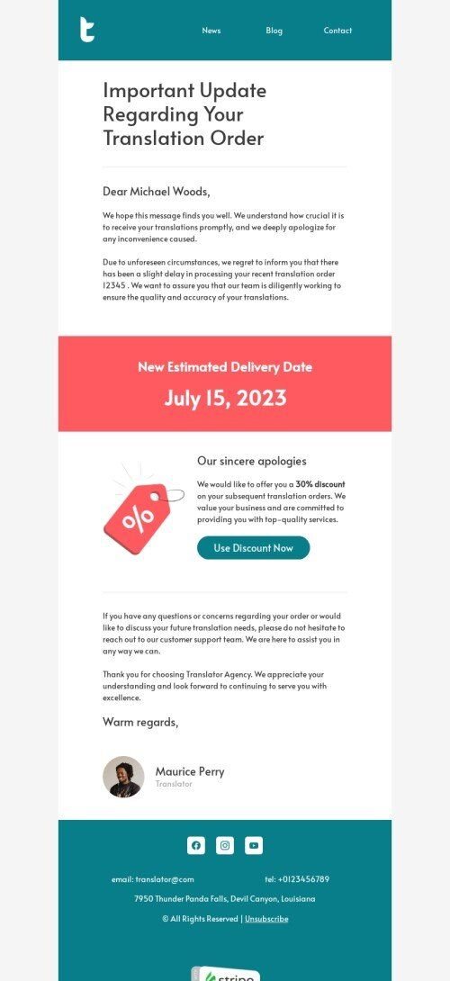 Order confirmation email template "Important update" for translation industry mobile view
