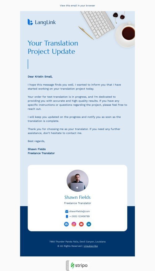 Order confirmation email template "Freelance translator" for translation industry mobile view