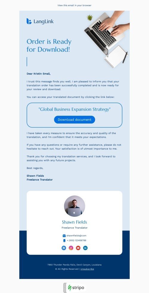 Order confirmation email template "Order is ready for download" for translation industry mobile view