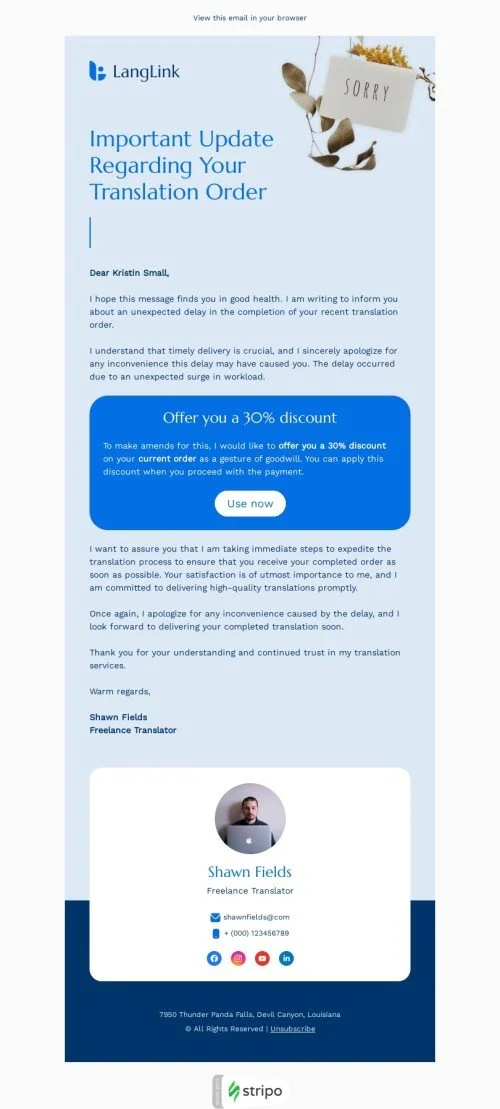 Order confirmation email template "Sincerest apologies" for translation industry
