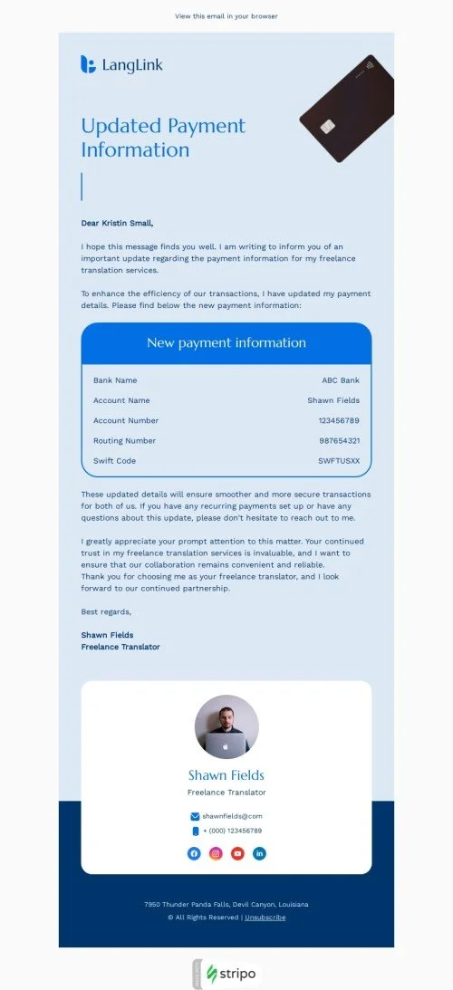 Confirmation email template "Payment information" for translation industry