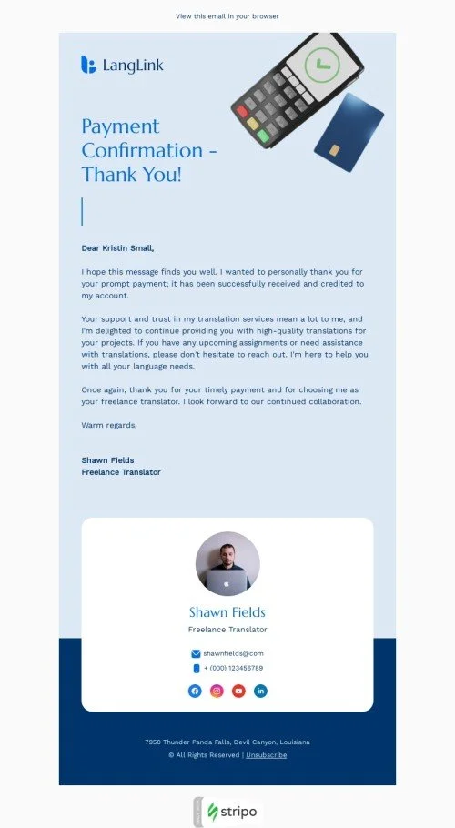 Confirmation email template "Your payment was successful" for translation industry