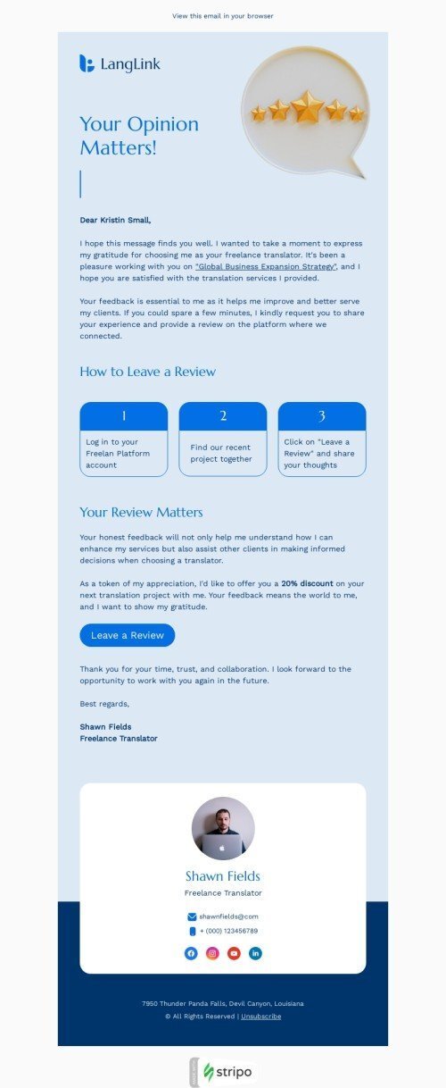 Modelo de e-mail de «Sua opinião importa» de pesquisa e feedback para a indústria de tradução Visualização de desktop