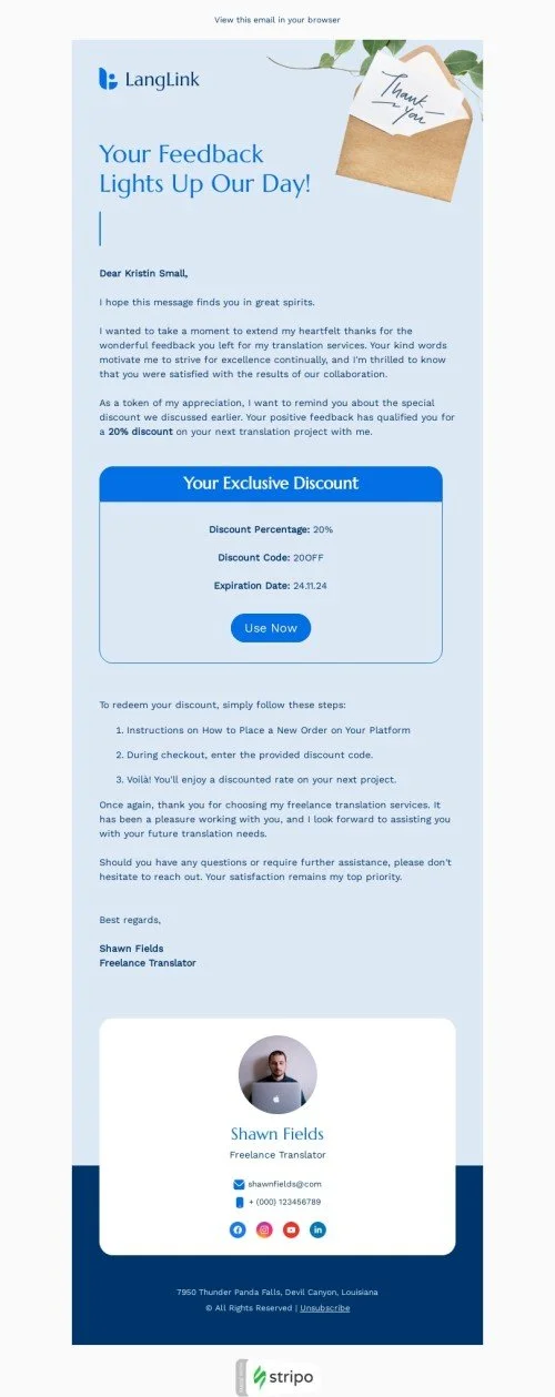 Survey & feedback email template "Feedback lights up our day" for translation industry
