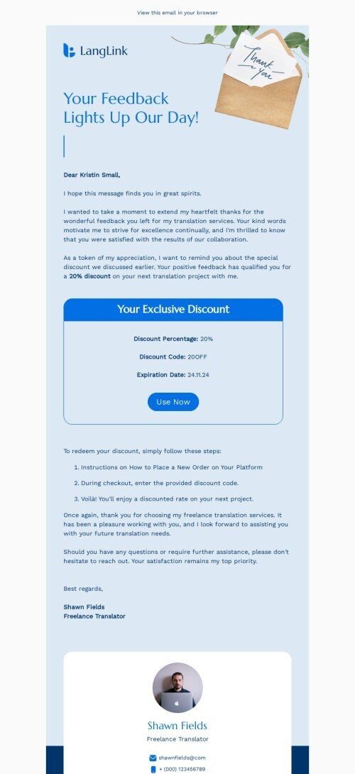 Survey & feedback email template "Feedback lights up our day" for translation industry mobile view