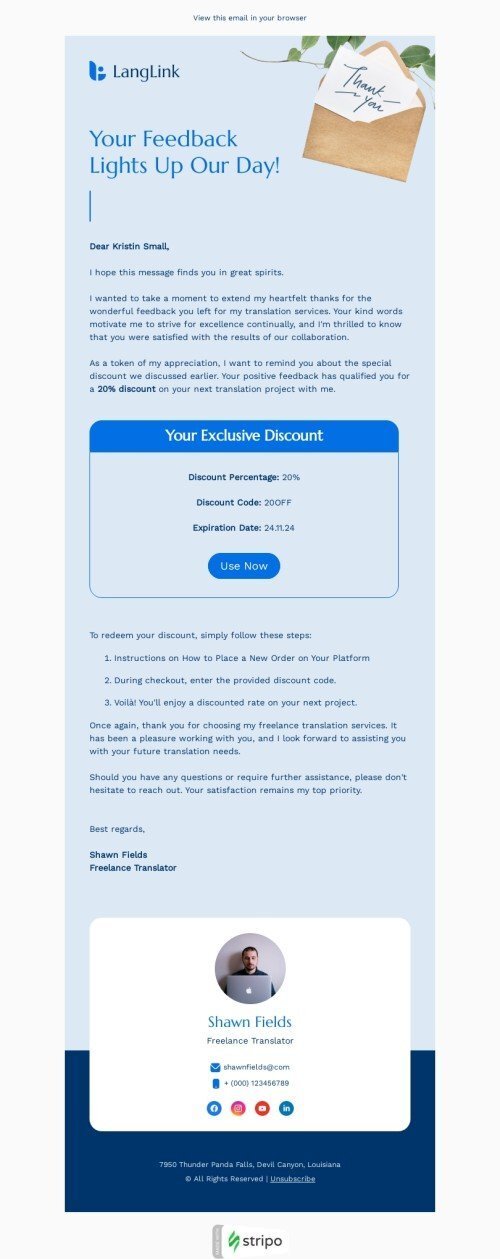 Survey & feedback email template "Feedback lights up our day" for translation industrydesktop view