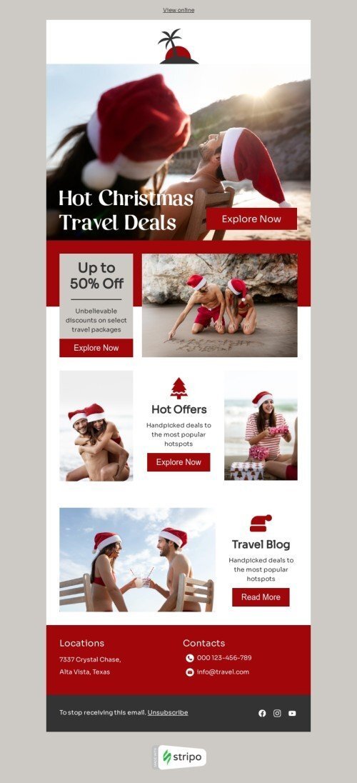 Christmas email template "Hot Christmas travel deals" for travel industry mobile view
