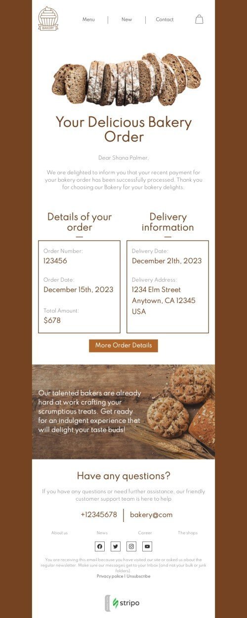Auftragsbestätigung E-Mail-Vorlage «Bäckereibestellung» für Backen-Branche Desktop-Ansicht