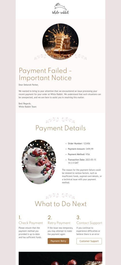 Modelo de e-mail de confirmação de pedido "Pagamento falhado" para o setor da panificação Visualização de dispositivo móvel