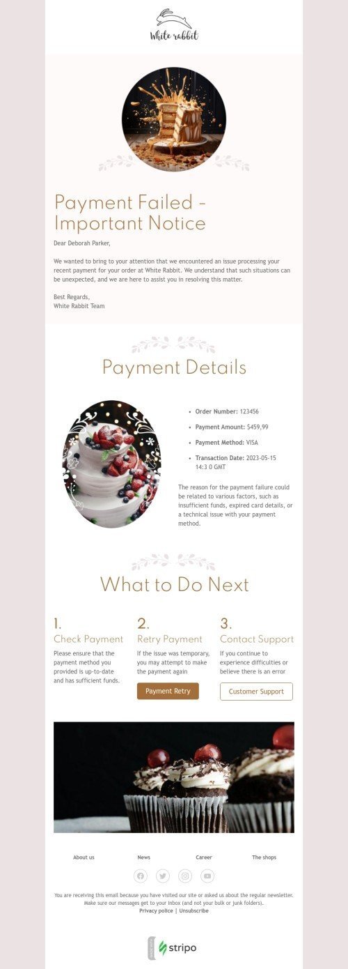 Order confirmation email template "Payment failed" for baking industry mobile view
