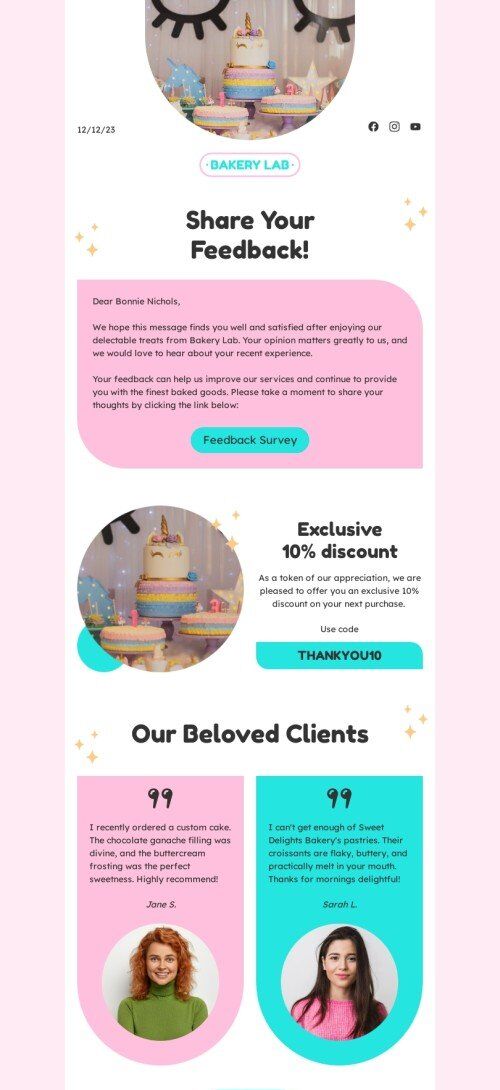 Modello di e-mail per sondaggi e feedback "La tua opinione è preziosa per noi" per il settore della panificazione Visualizzazione mobile