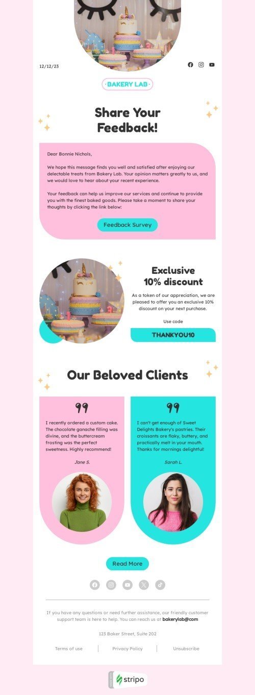 Survey & feedback email template "We value your opinion" for baking industrydesktop view