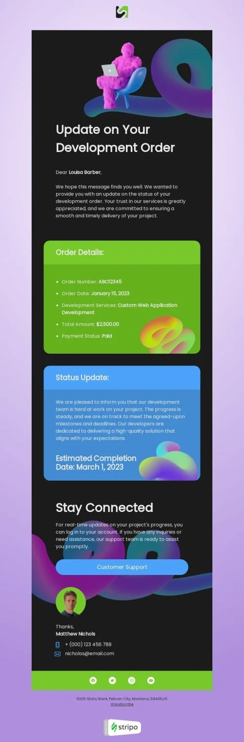 Confirmation email template "Development order" for programming industry