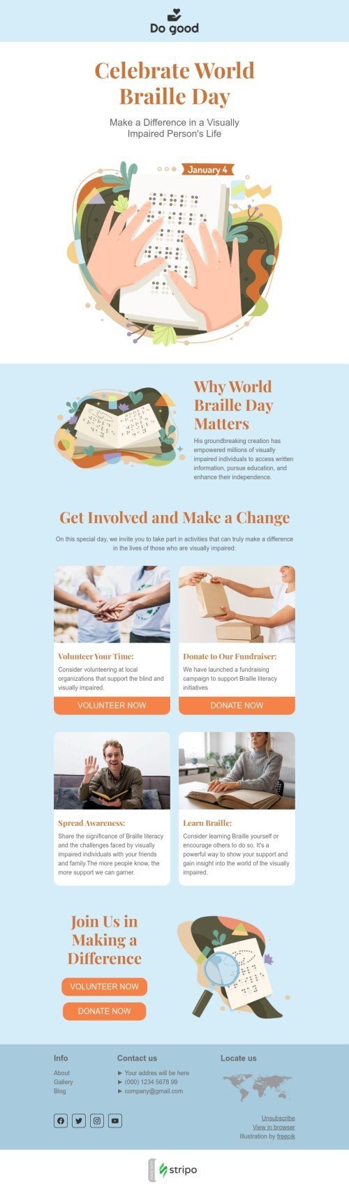 World Braille Day email template "Make a change" for nonprofit industrydesktop view