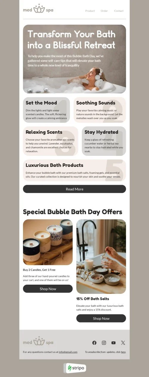 Bubble Bath Day email template "Transform your bath" for health and wellness industry