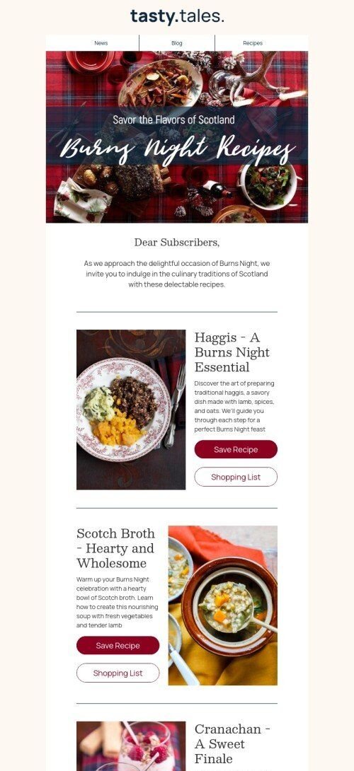 Modello di e-mail per la Burns Night "Ricette della Burns Night" per il settore alimentare Visualizzazione mobile