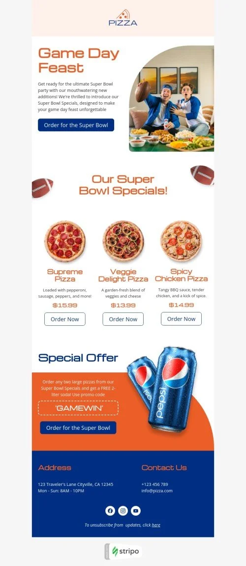 Super Bowl email template "Game day feast" for food industry